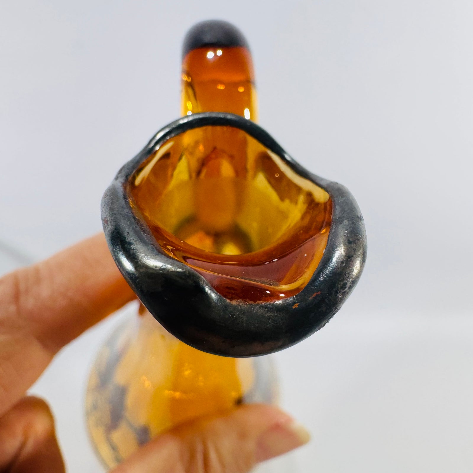 Vintage Amber Glass Decanter with Stopper Silver Overlay Mid Century Barware