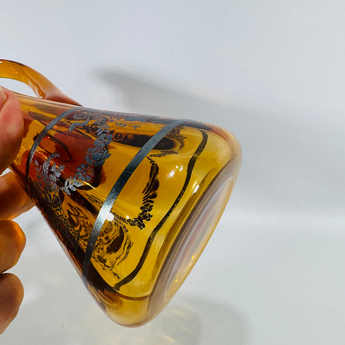 Vintage Amber Glass Decanter with Stopper Silver Overlay Mid Century Barware