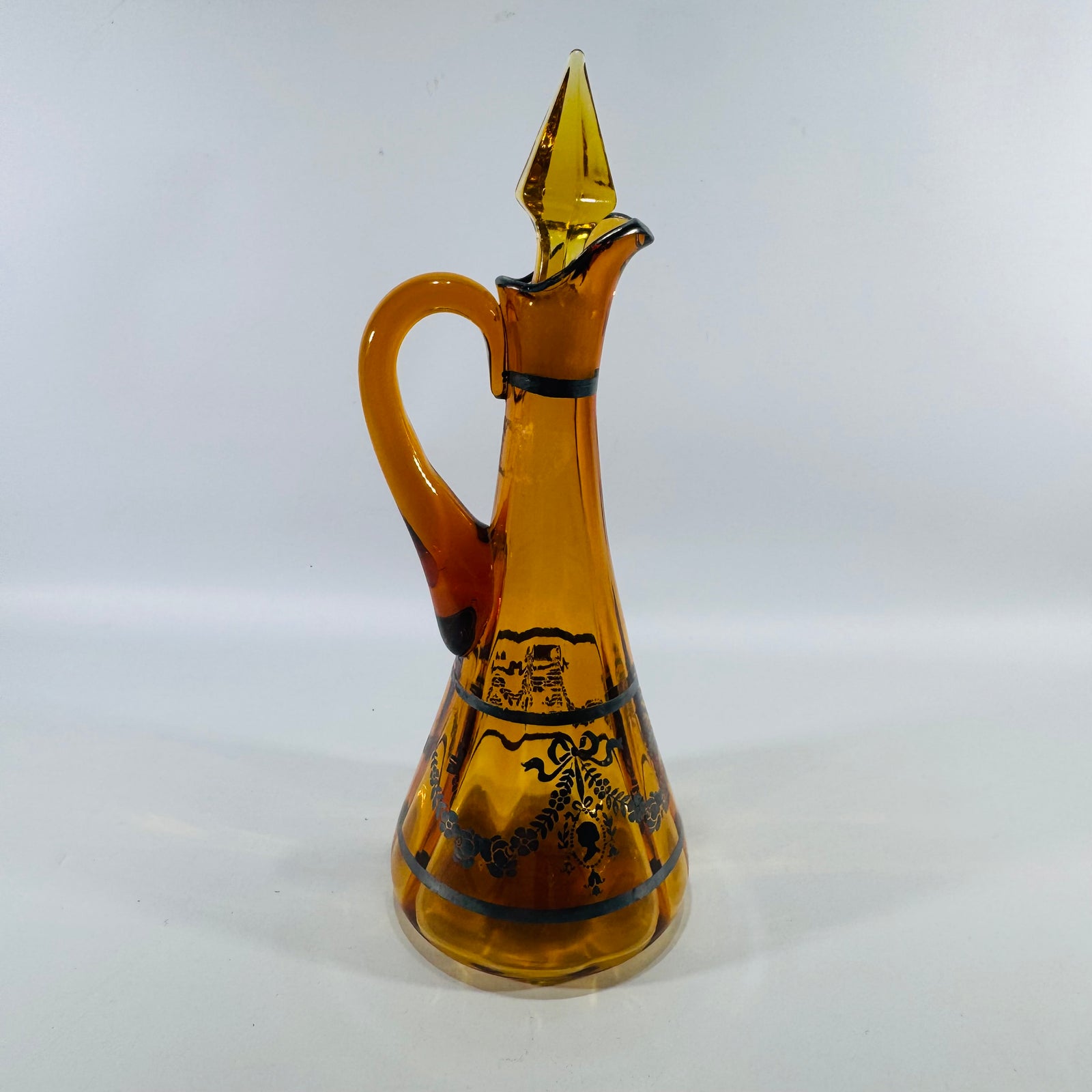 Vintage Amber Glass Decanter with Stopper Silver Overlay Mid Century Barware