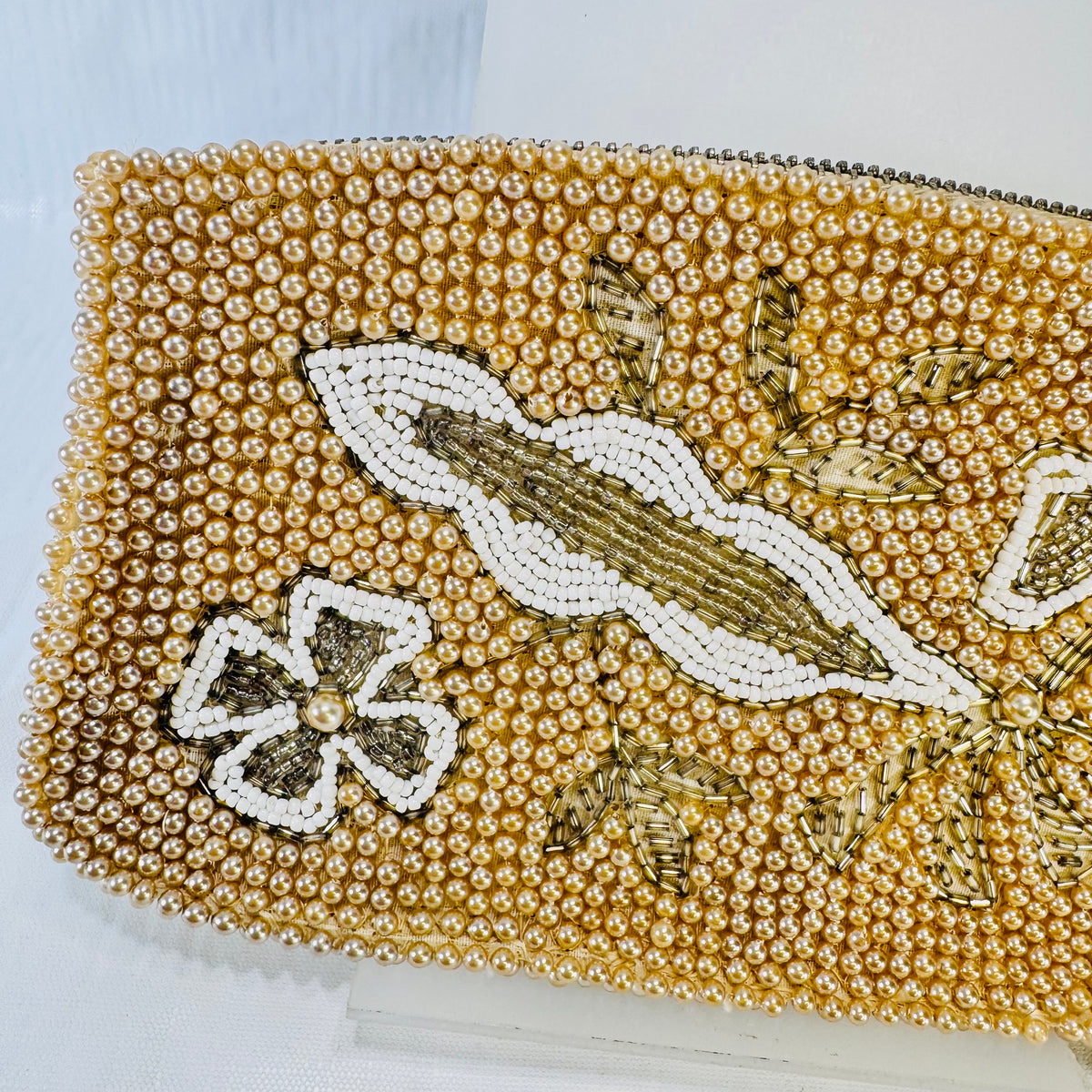 1950s Pearl Beaded Clutch Champagne Floral Evening Bag Bridal Purse