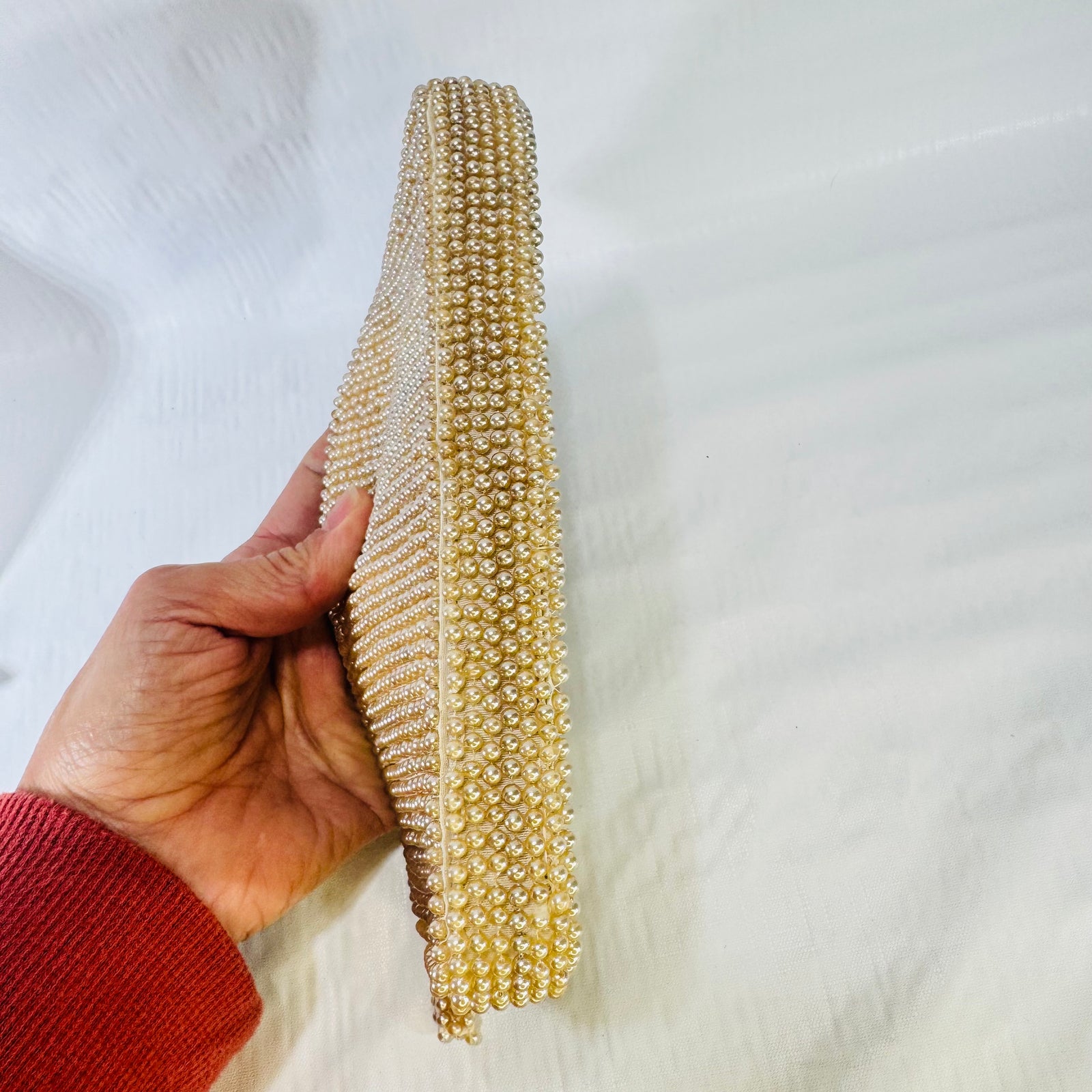 1950s Pearl Beaded Clutch Champagne Floral Evening Bag Bridal Purse