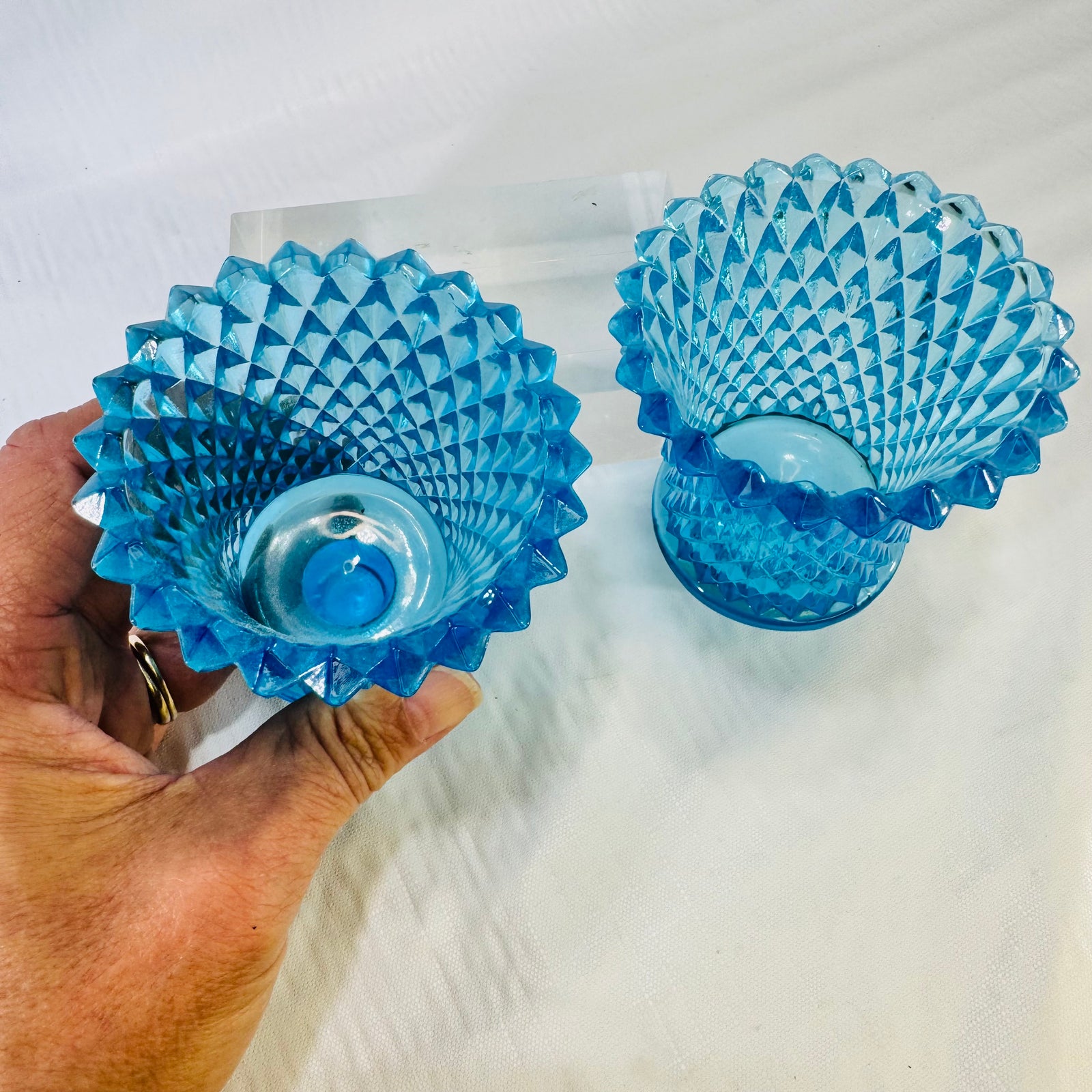 Home Interiors Blue Diamond Point Peg Votive Cups Lot of 2 1970s