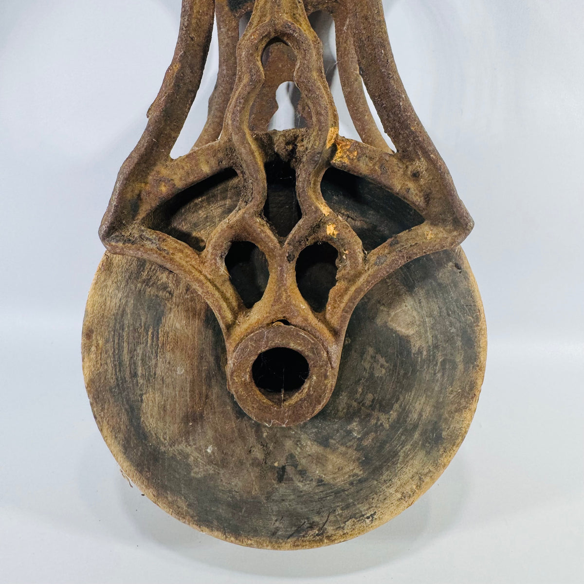 Antique Cast Iron Barn Pulley with Wood Sheave Rustic Industrial Decor