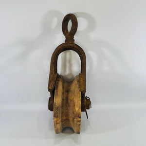 Antique Cast Iron Barn Pulley with Wood Sheave Rustic Industrial Decor