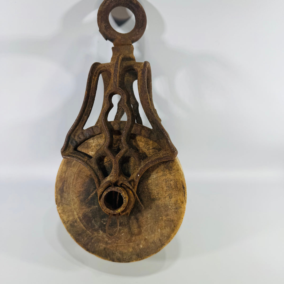 Antique Cast Iron Barn Pulley with Wood Sheave Rustic Industrial Decor