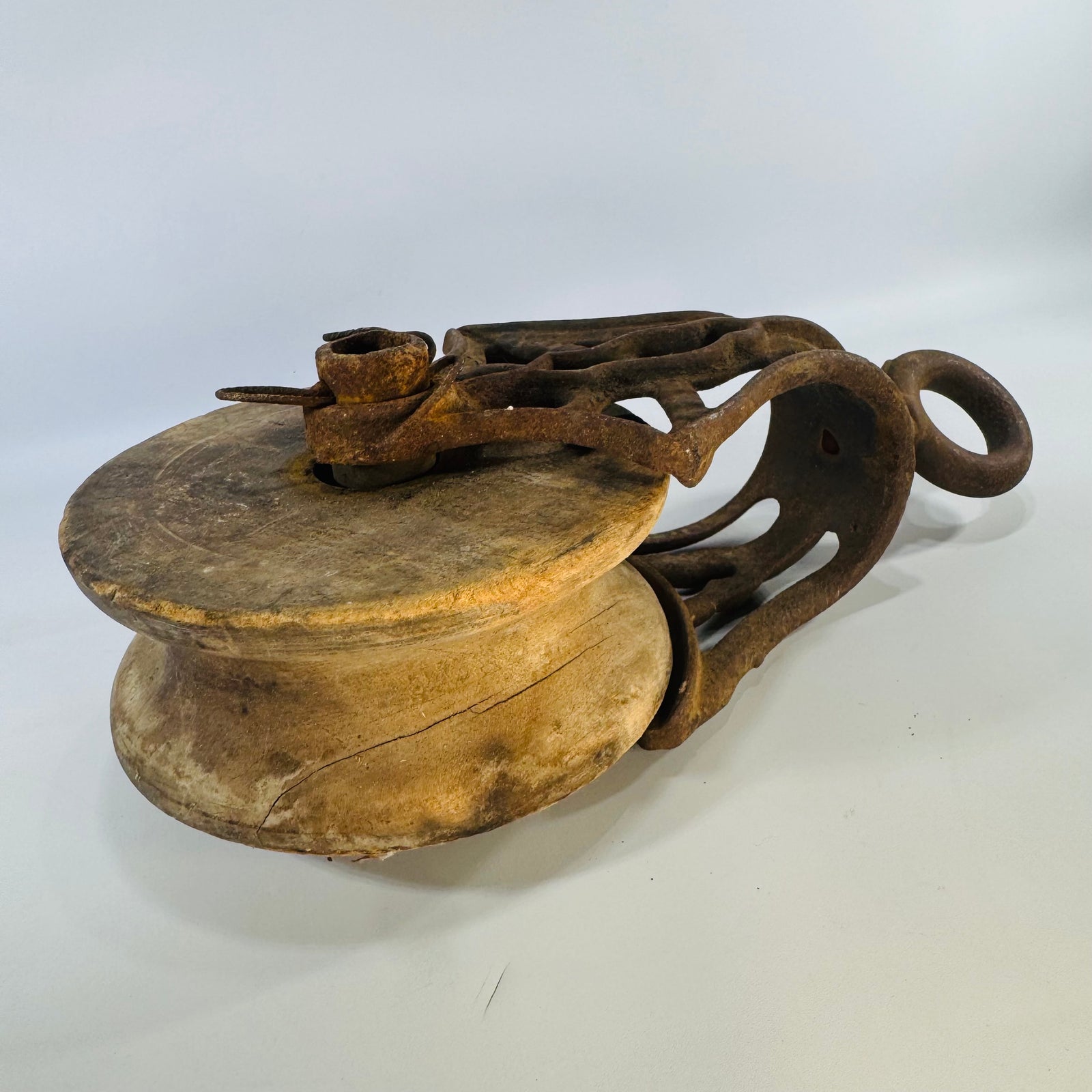 Antique Cast Iron Barn Pulley with Wood Sheave Rustic Industrial Decor