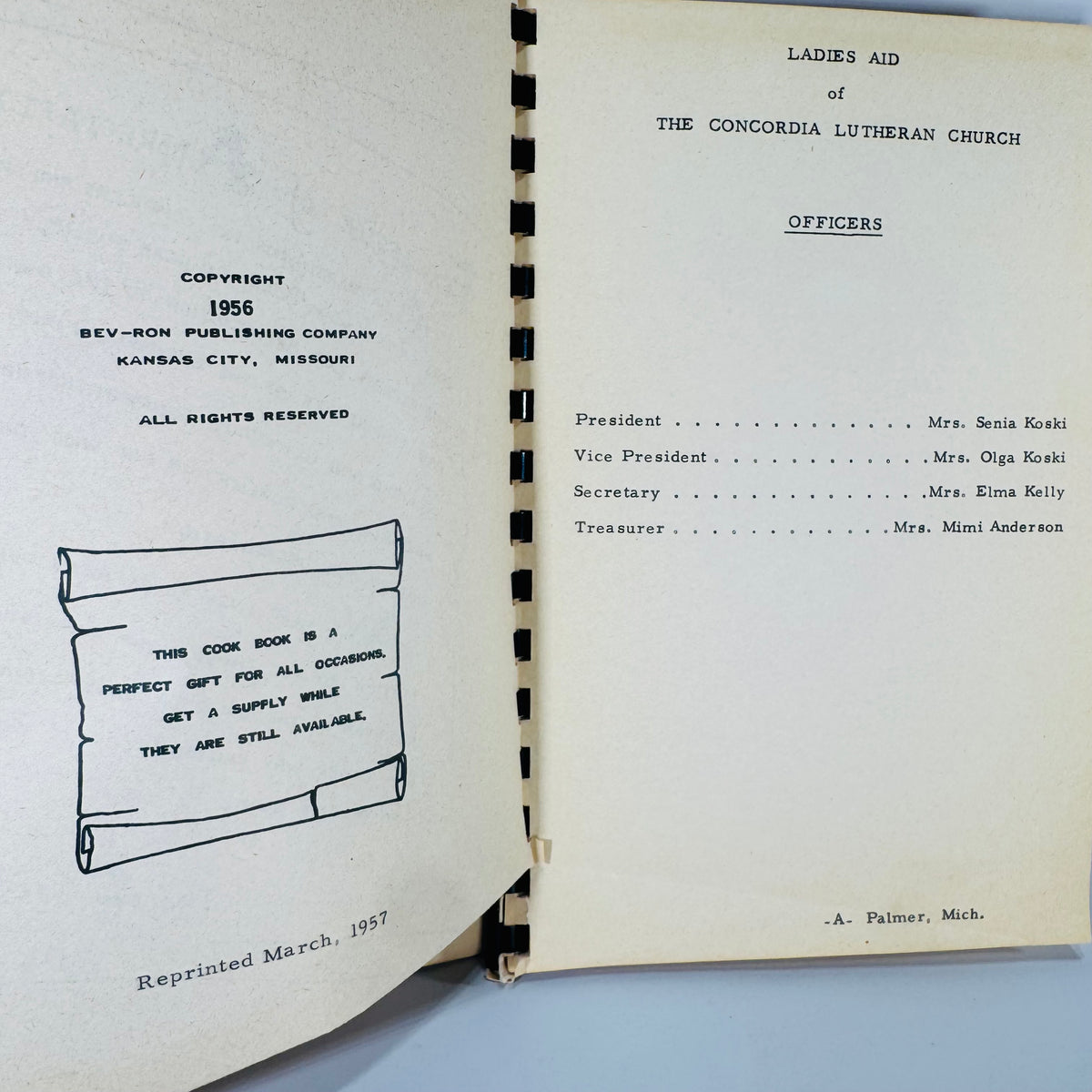 Vintage Church Cookbook Palmer Michigan Concordia Lutheran Church Recipe Book