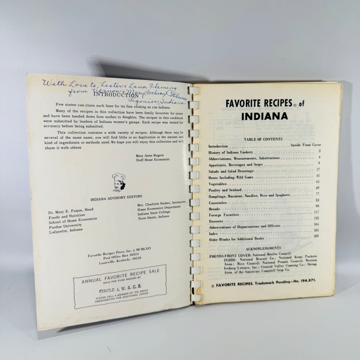 Vintage Indiana Cookbook Favorite Recipes of Indiana Family Edition 1964 Spiral