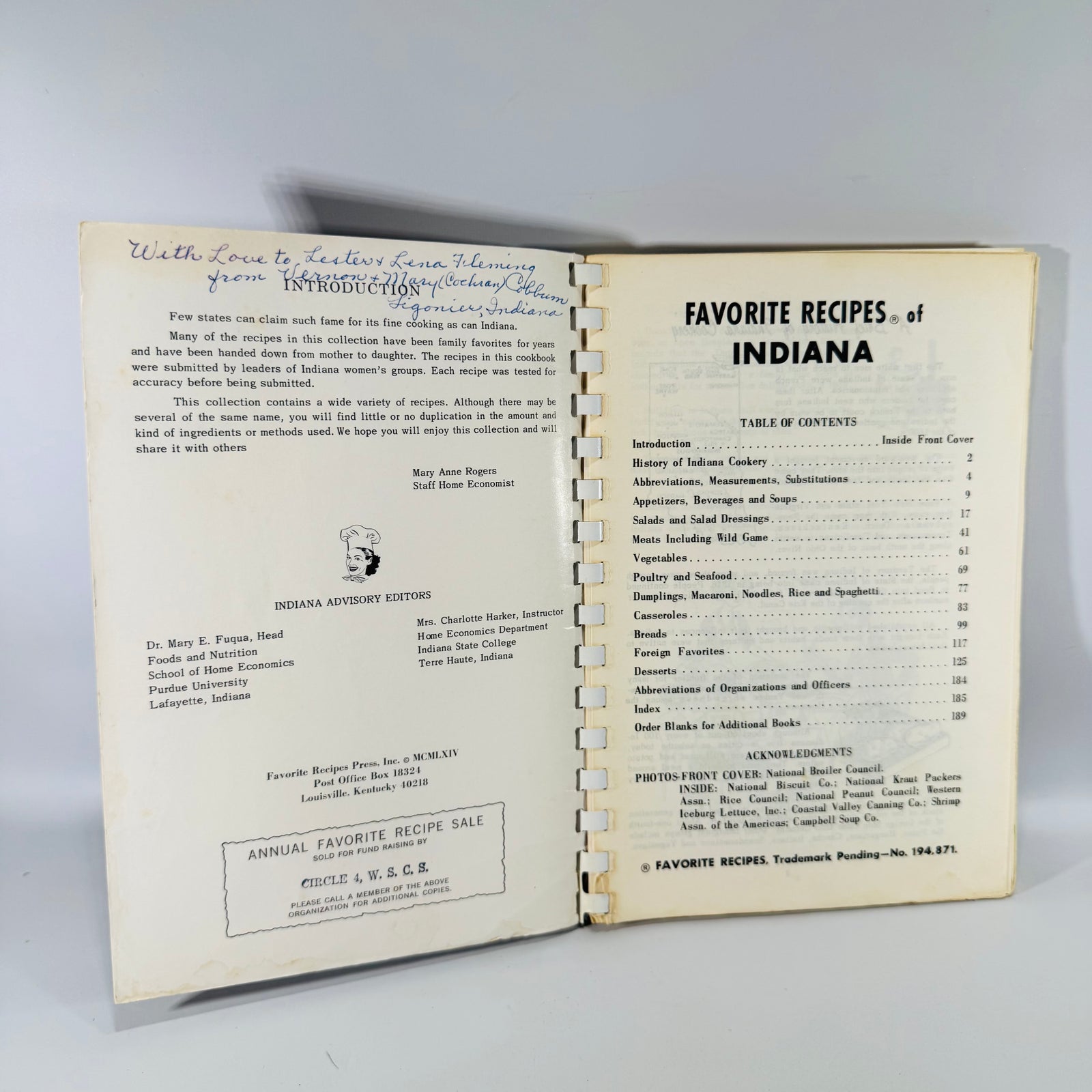 Vintage Indiana Cookbook Favorite Recipes of Indiana Family Edition 1964 Spiral