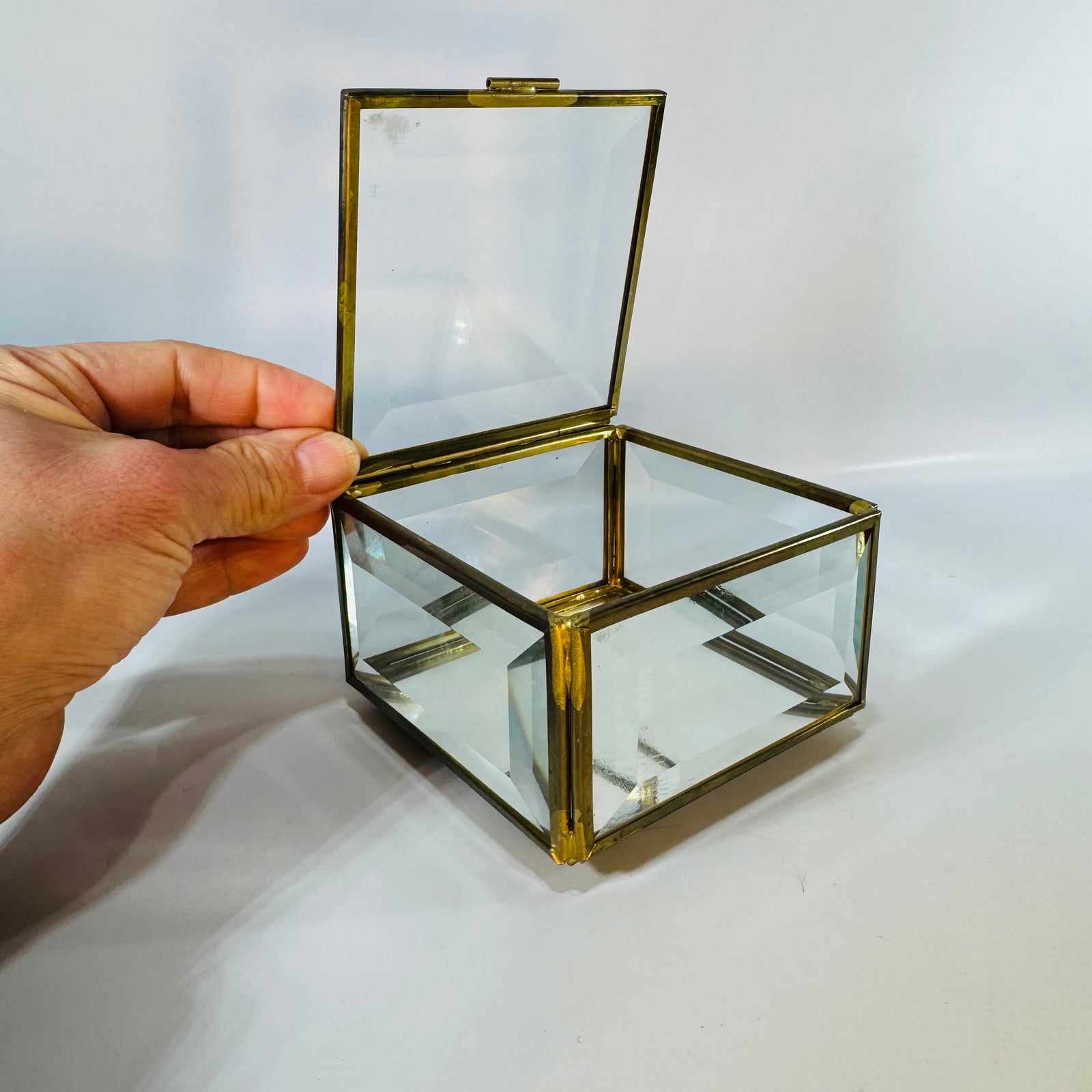 Glass Trinket Box Brass and Glass Jewelry Box 4x4x2