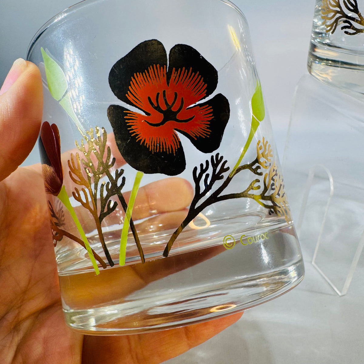 Couroc California Poppy Rocks Glasses Set of 2 Vintage Lowball Glasses MCM Barware