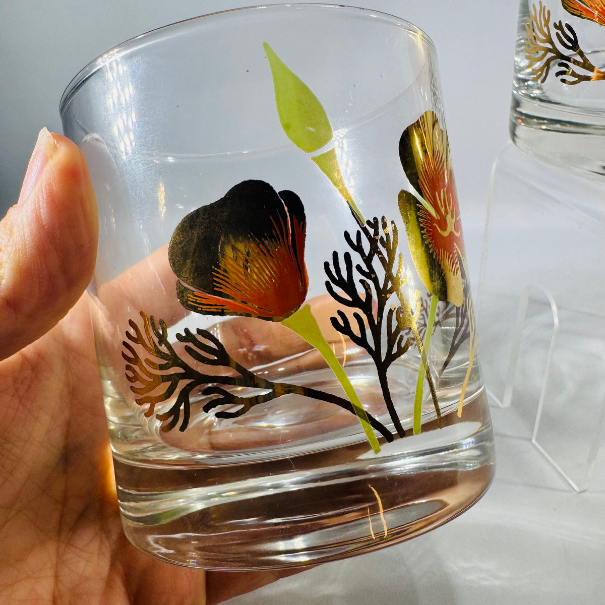 Couroc California Poppy Rocks Glasses Set of 2 Vintage Lowball Glasses MCM Barware