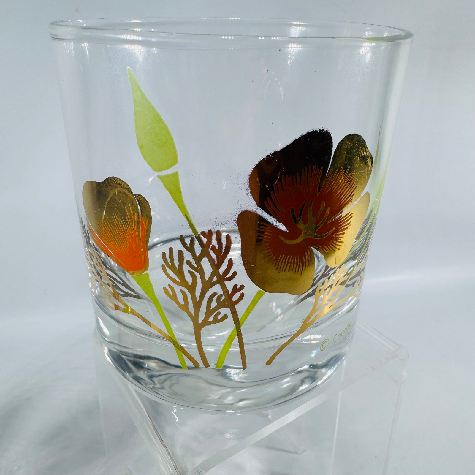 Couroc California Poppy Rocks Glasses Set of 2 Vintage Lowball Glasses MCM Barware