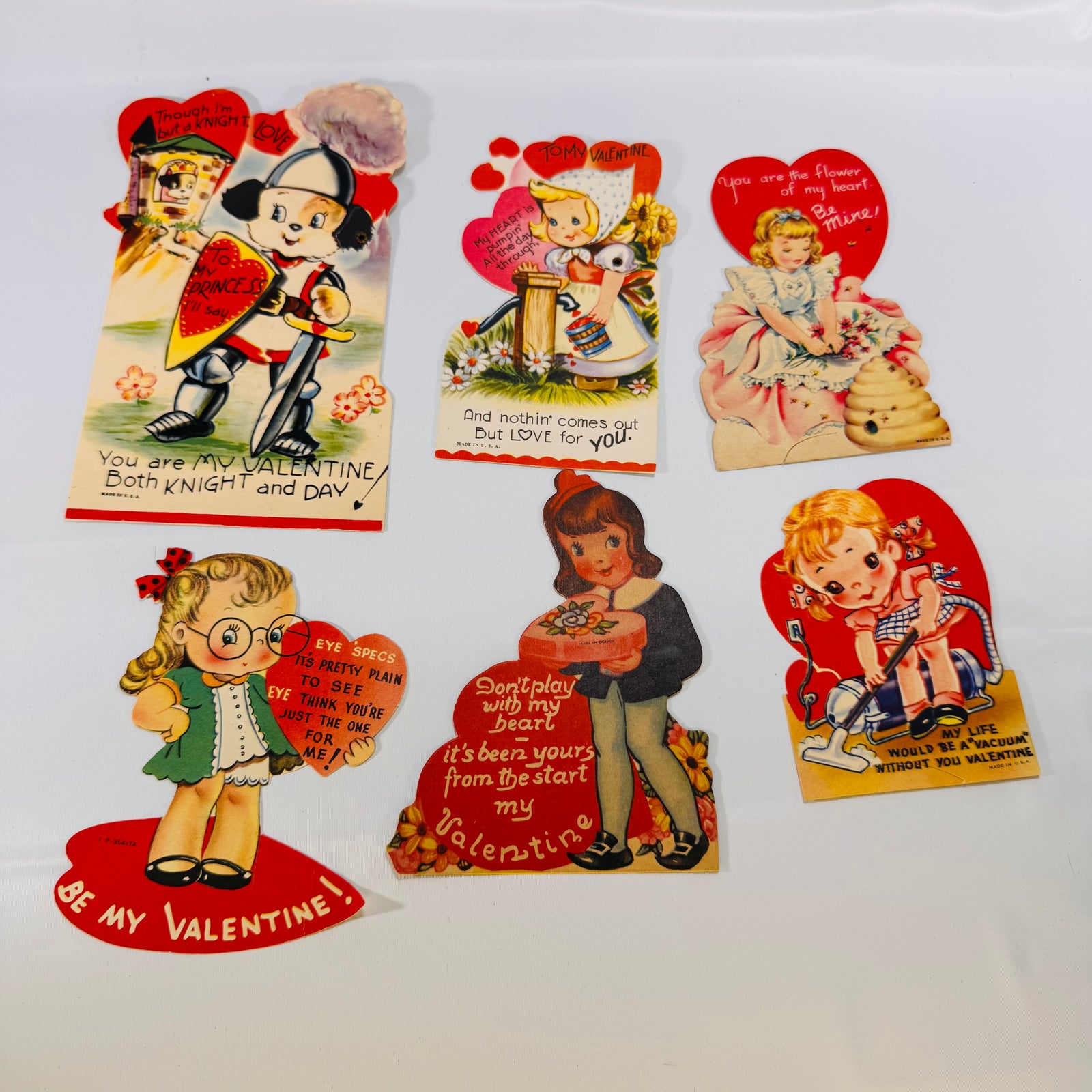 6 Vintage Valentines, circa 1950s, Paper, Signed