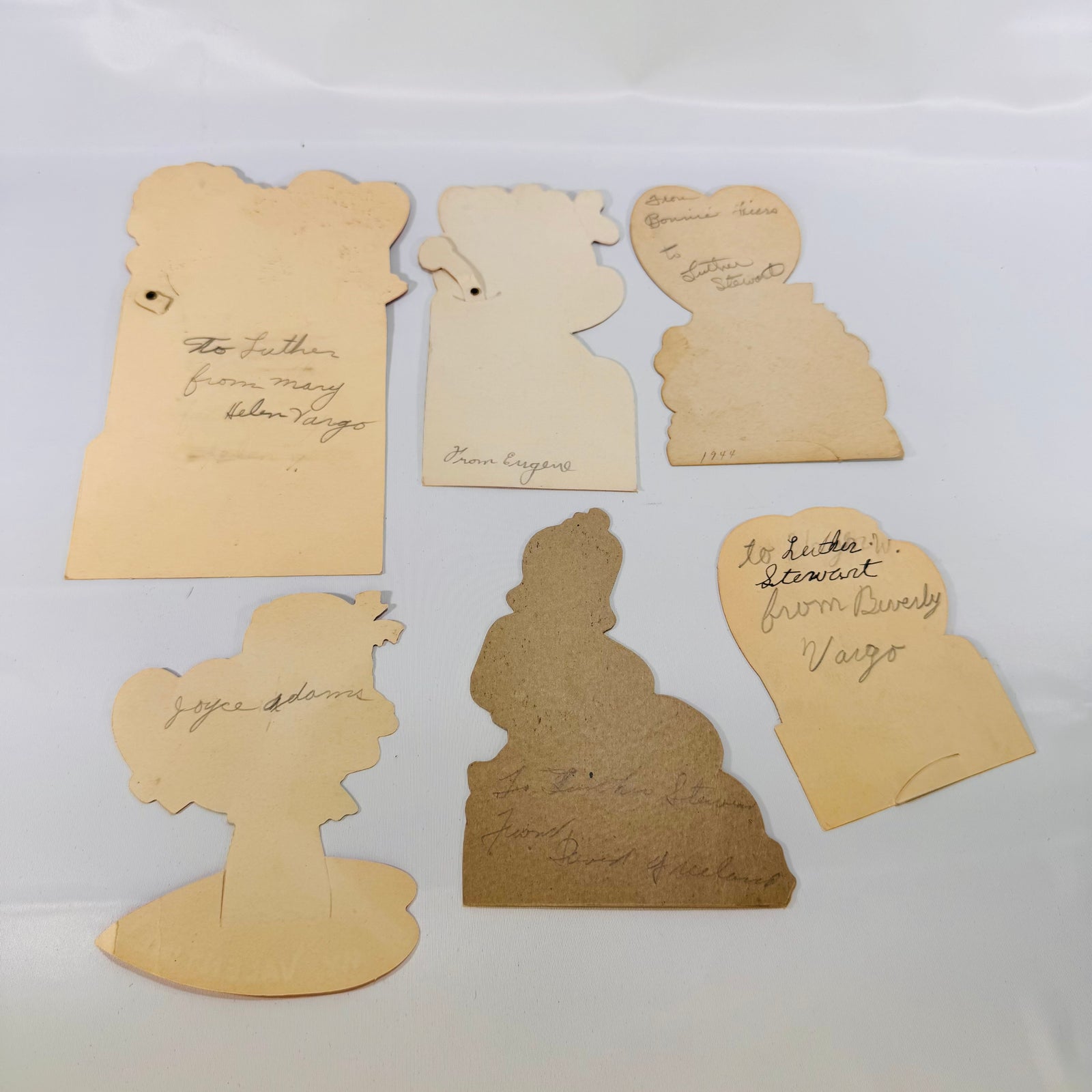 6 Vintage Valentines, circa 1950s, Paper, Signed