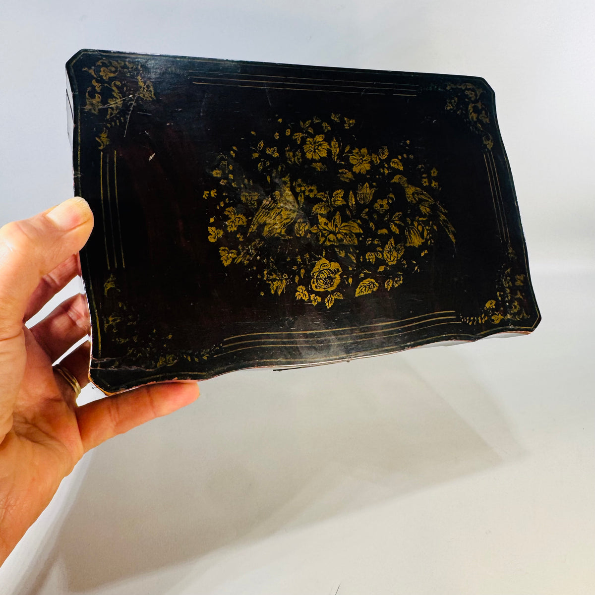 Antique Black Lacquer Box Victorian Chinoiserie Storage Box