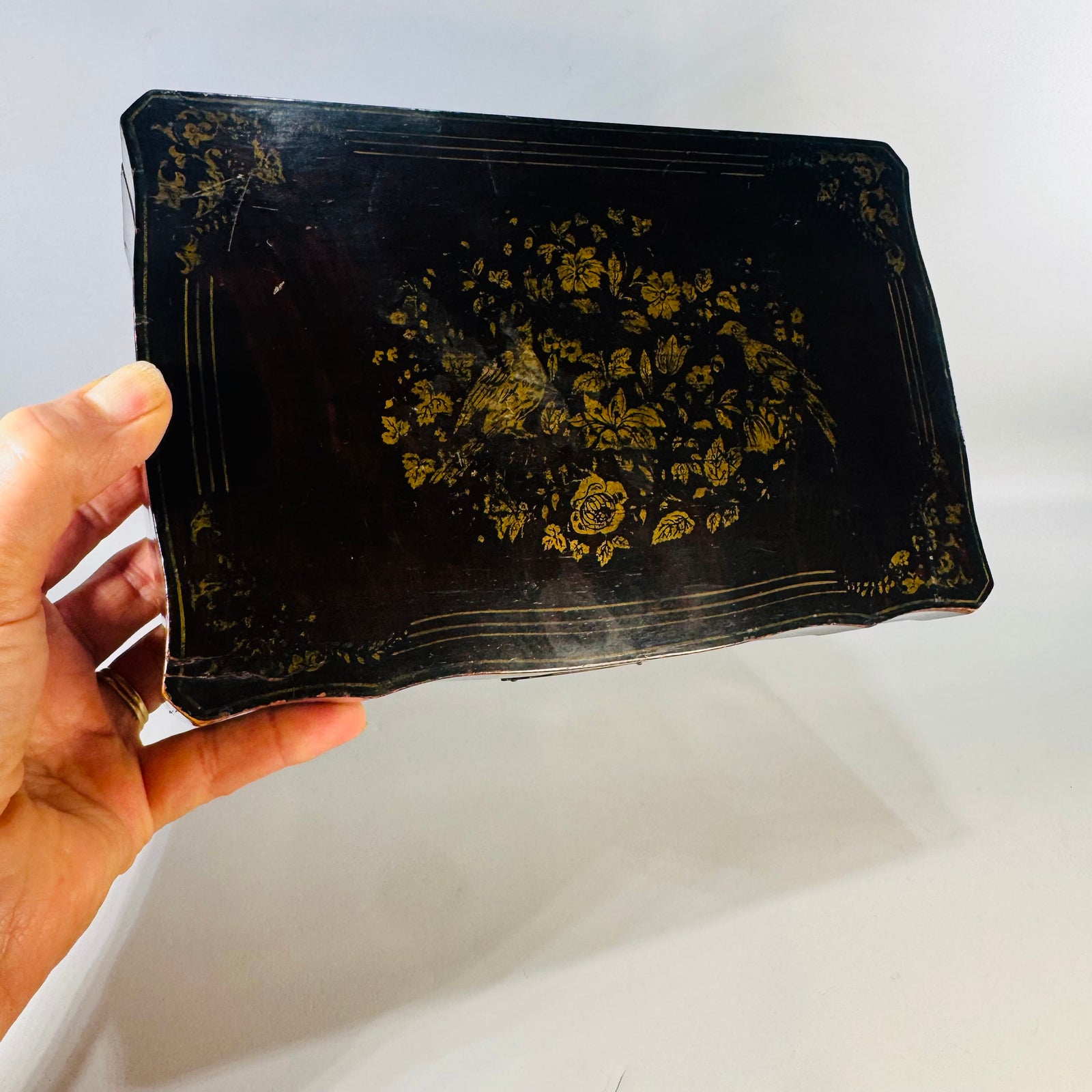 Antique Black Lacquer Box Victorian Chinoiserie Storage Box