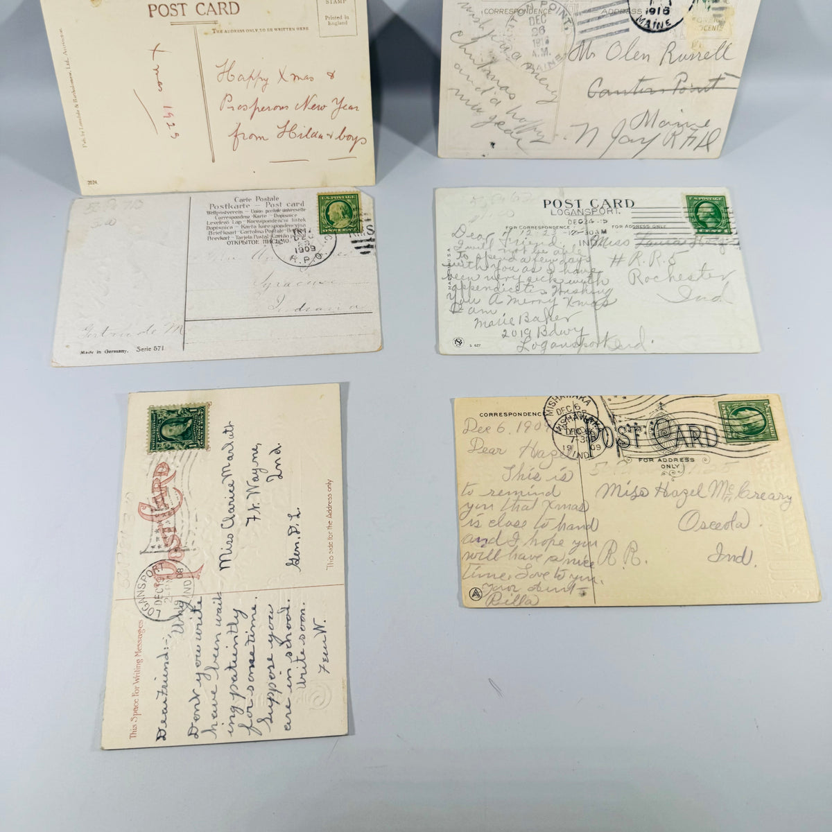 Vintage Christmas Postcards Lot of 6 Used Postmarked | Antique Edwardian Holiday Postcard Collection | Roses Holly Birds Verse 1908–1925