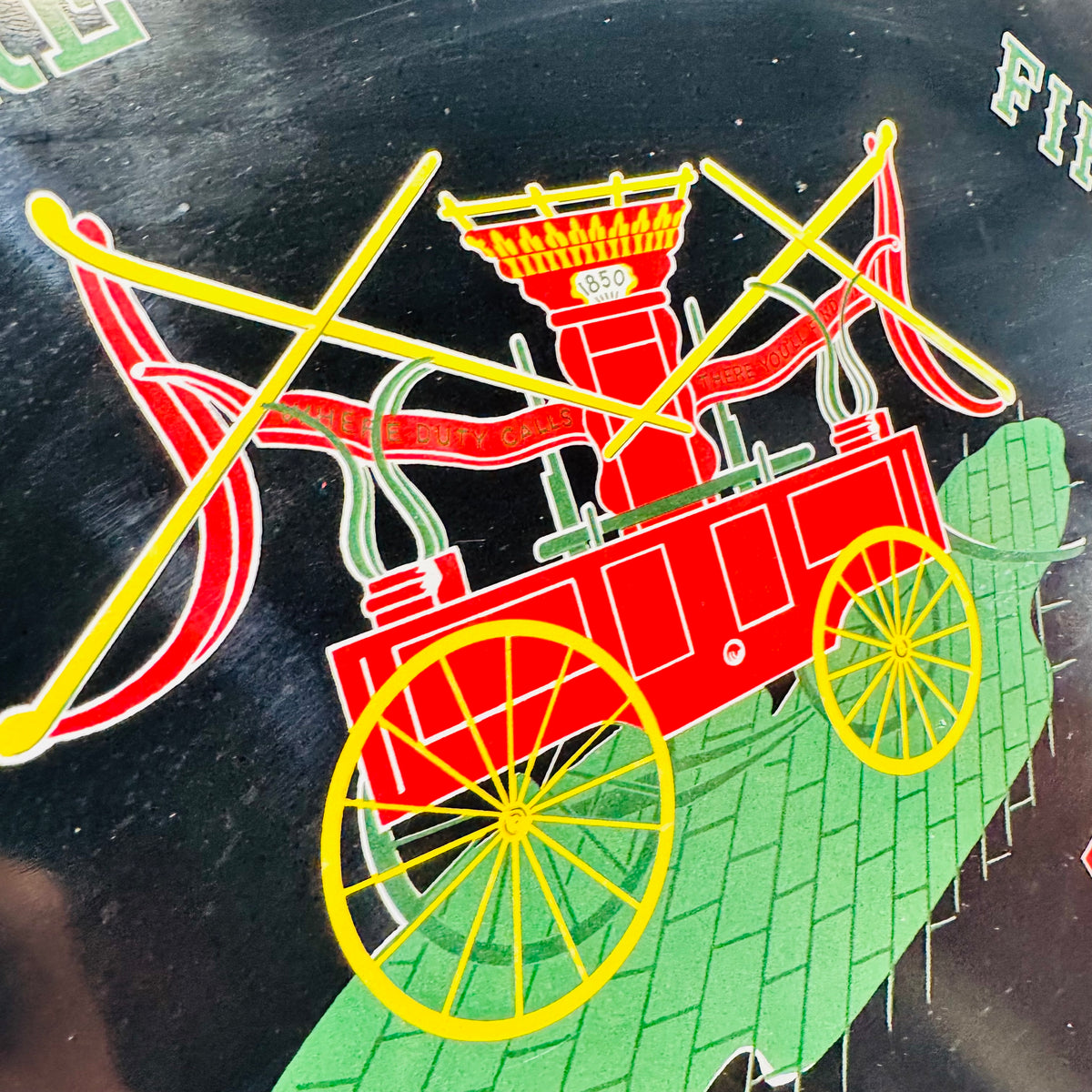 1970s Fire Fighting Tin Lithograph Serving Tray 1850 Horse Drawn Fire Engine