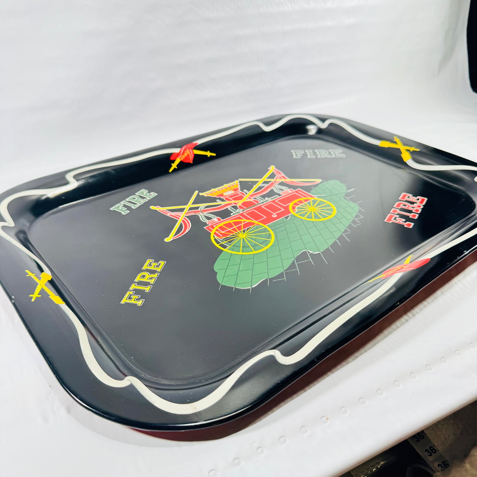 1970s Fire Fighting Tin Lithograph Serving Tray 1850 Horse Drawn Fire Engine