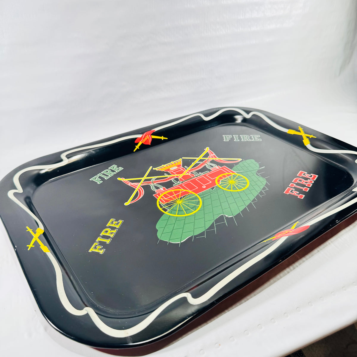 1970s Fire Fighting Tin Lithograph Serving Tray 1850 Horse Drawn Fire Engine