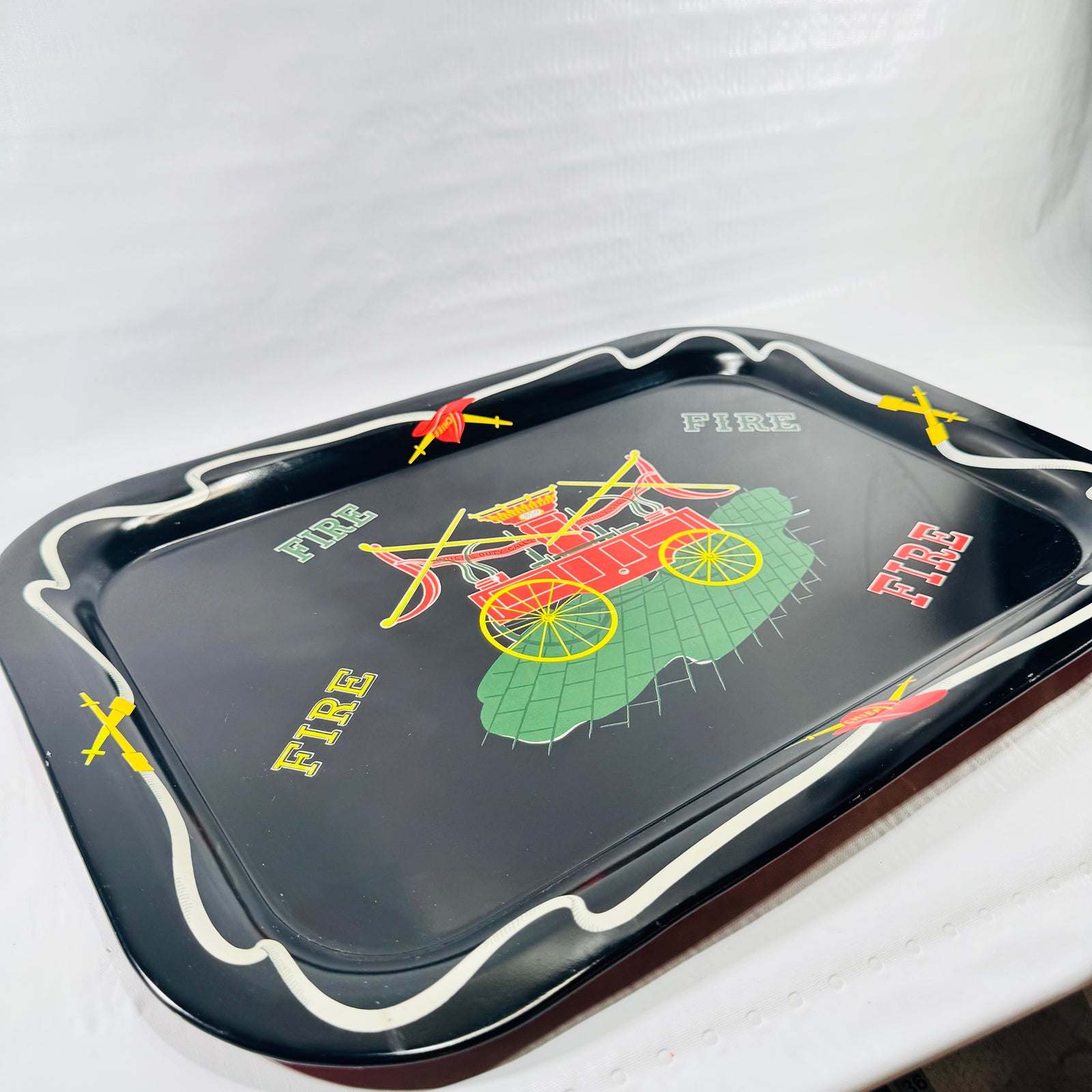 1970s Fire Fighting Tin Lithograph Serving Tray 1850 Horse Drawn Fire Engine