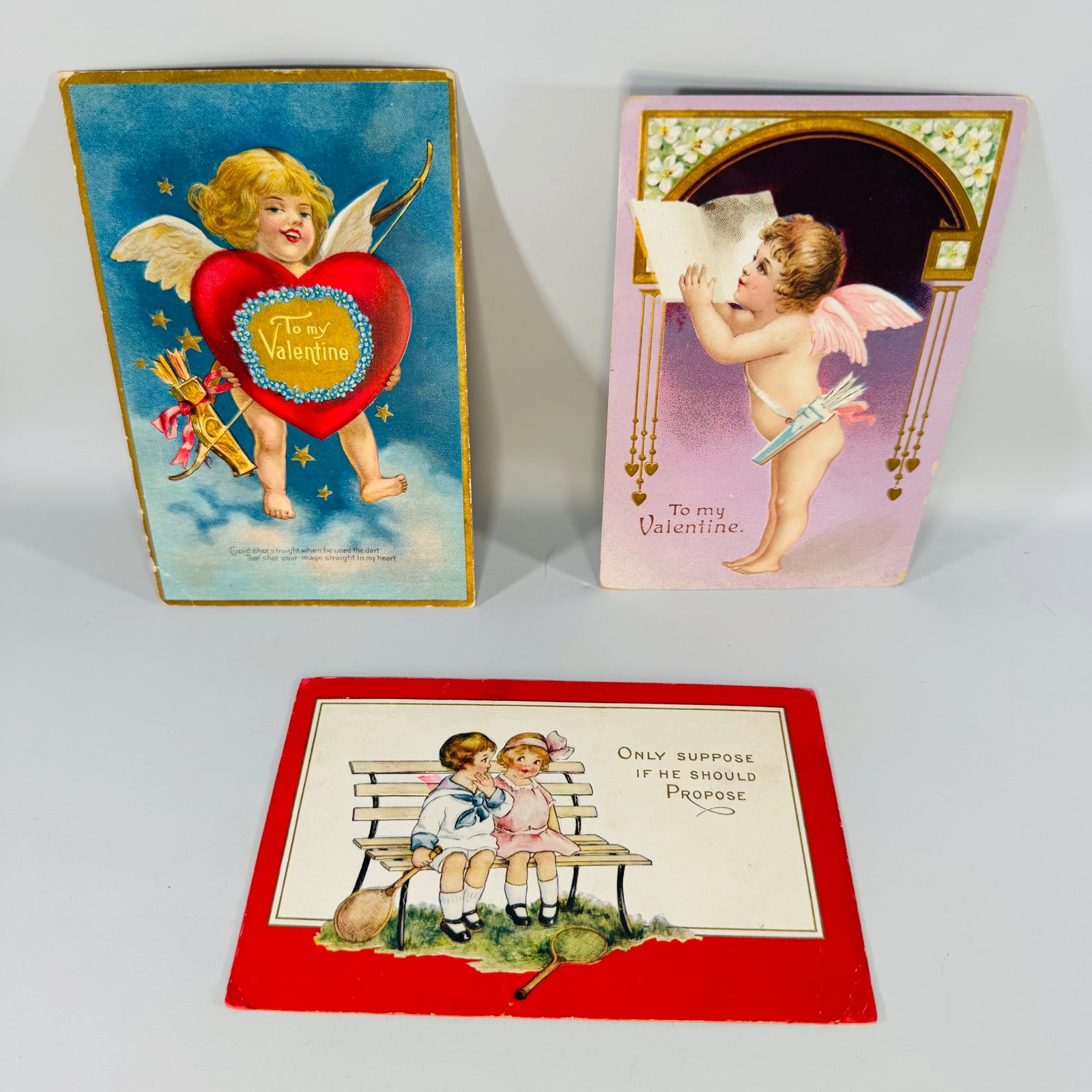 Antique Valentine Postcards Lot of 3 | Embossed Cupid | 1908–1911 Postmarked | Vintage Ephemera