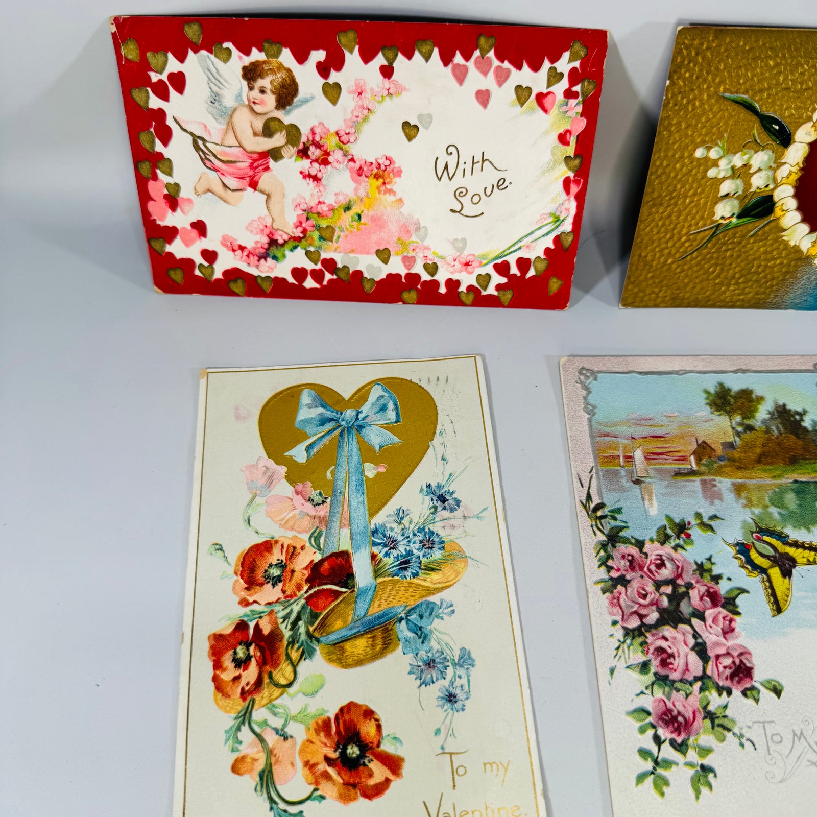 Antique Valentine Postcard Lot of 6 | Embossed Cupid Floral | Raphael Tuck & Germany Print | 1905–1912 Vintage Ephemera