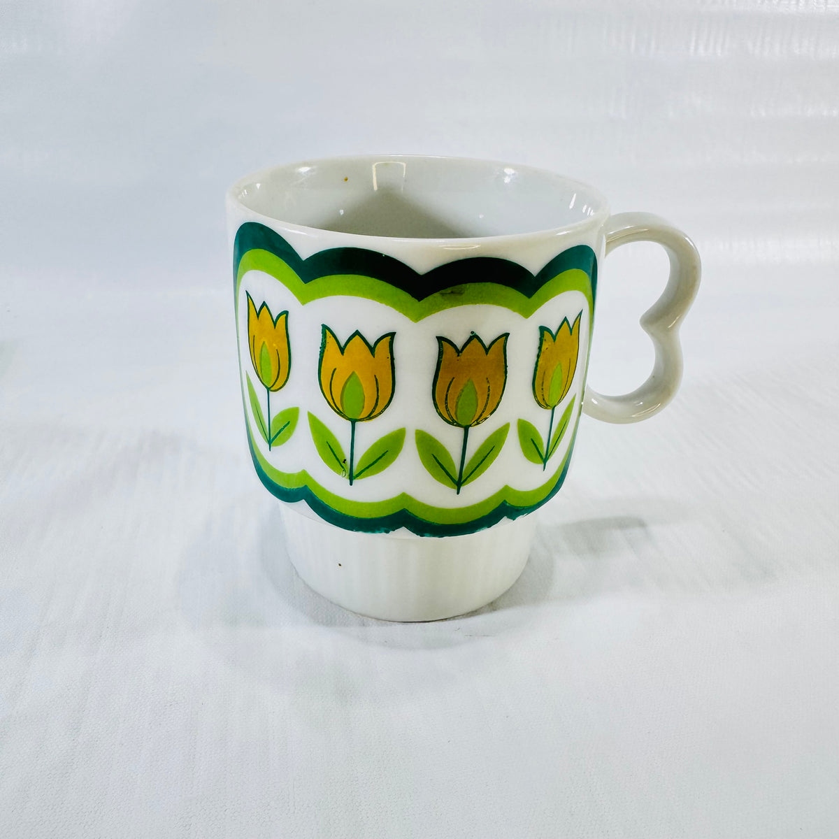 1970s Japanese Tulip Stacking Mug Green Yellow Mod Ceramic