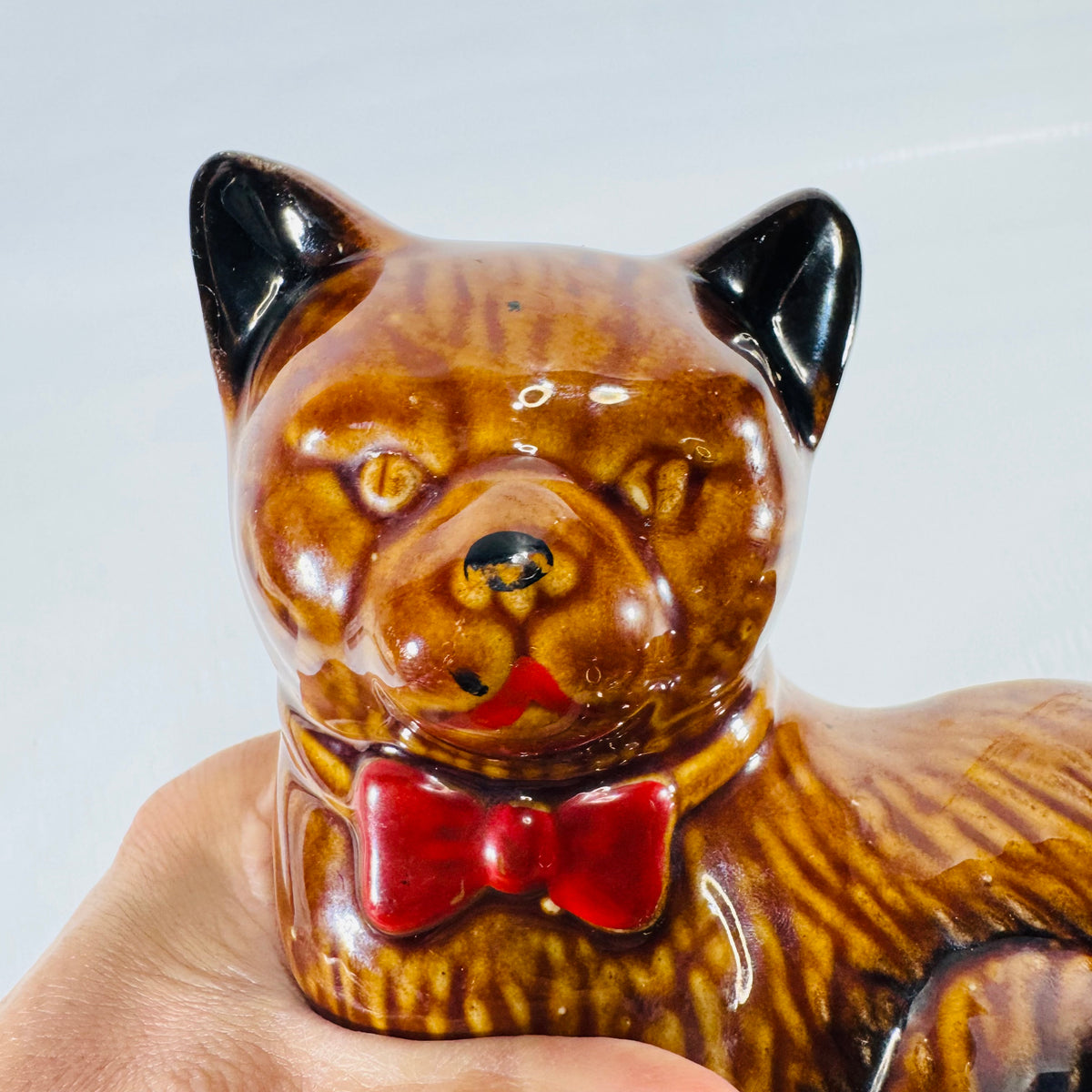 MCS Brazil Handcrafted Collectibles Cat Figurine 1980s Red Bow Tie Brown Black Glaze
