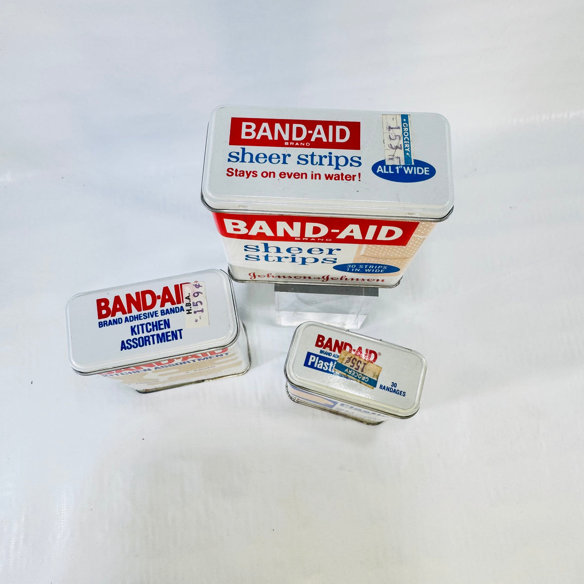 Johnson & Johnson Band-Aid Metal Tin Lot of 3 1980s Kitchen Sheer Strips Plastic