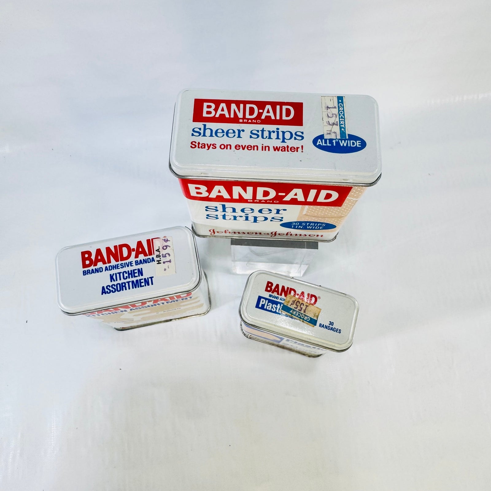 Johnson & Johnson Band-Aid Metal Tin Lot of 3 1980s Kitchen Sheer Strips Plastic