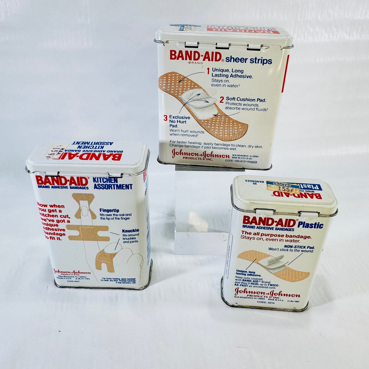 Johnson & Johnson Band-Aid Metal Tin Lot of 3 1980s Kitchen Sheer Strips Plastic