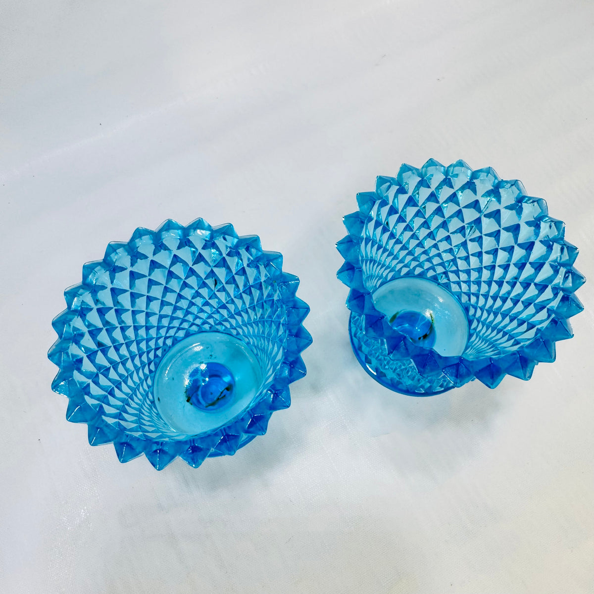 Aqua Blue Diamond Point Style Glass Peg Votive Candle Holders Set of 2 1960s to 1970s