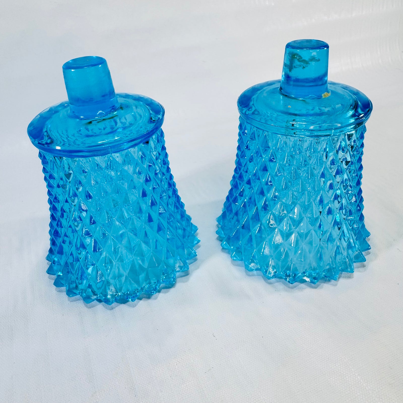 Aqua Blue Diamond Point Style Glass Peg Votive Candle Holders Set of 2 1960s to 1970s