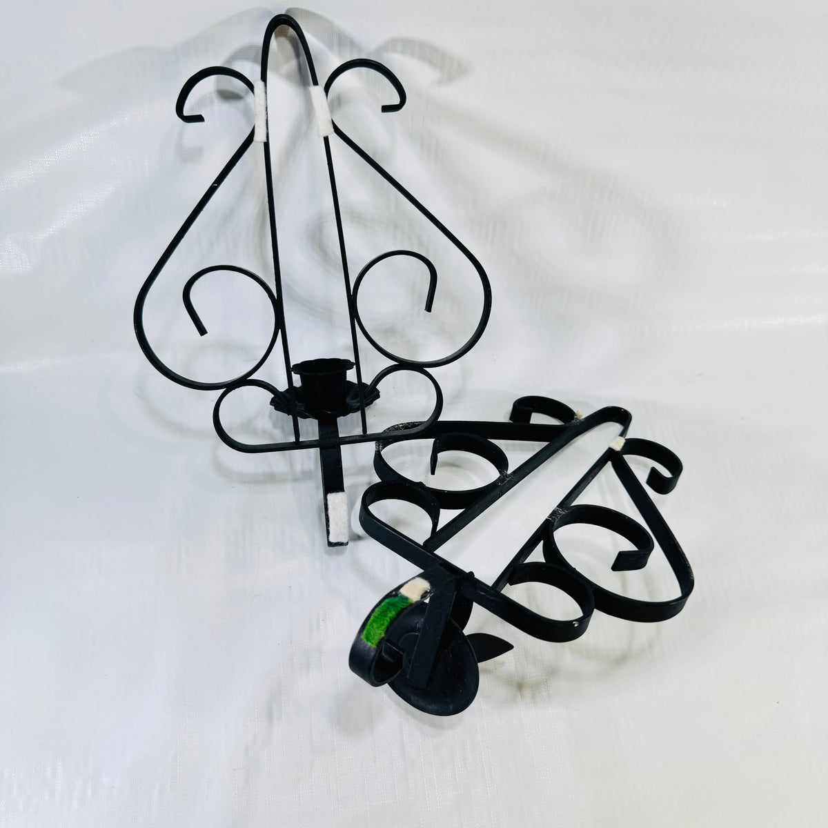 HOMCO Black Wrought Iron Scroll Wall Candle Sconces Pair, 1970s