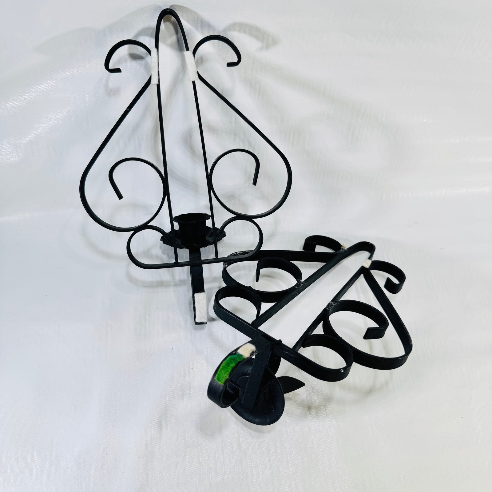 HOMCO Black Wrought Iron Scroll Wall Candle Sconces Pair, 1970s