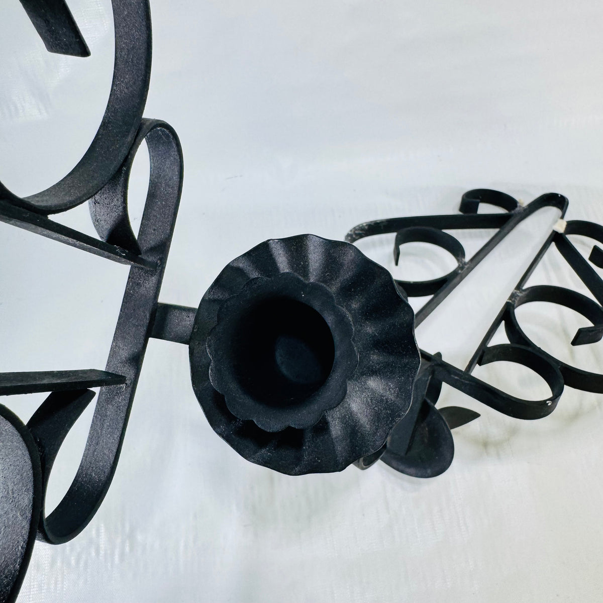 HOMCO Black Wrought Iron Scroll Wall Candle Sconces Pair, 1970s