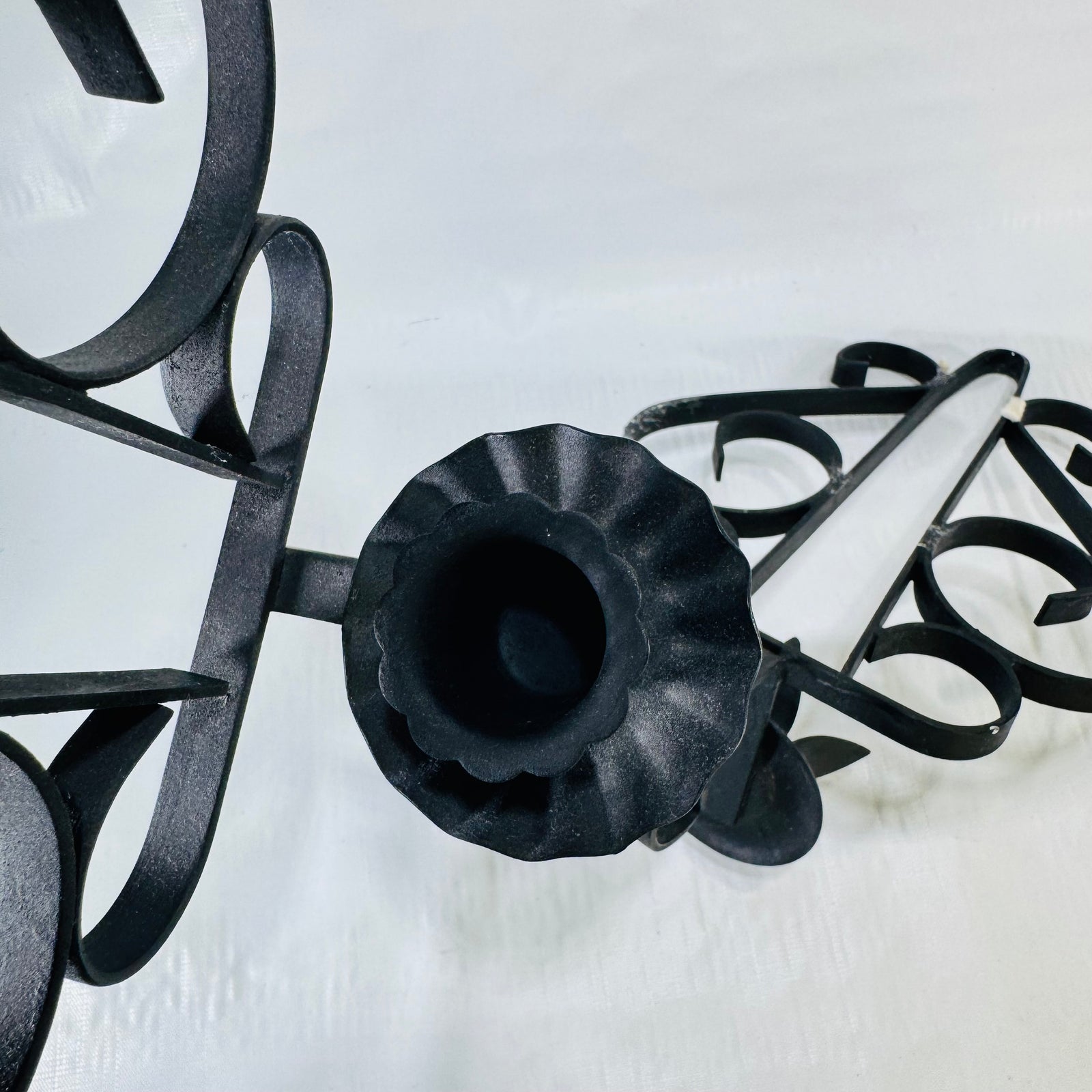 HOMCO Black Wrought Iron Scroll Wall Candle Sconces Pair, 1970s