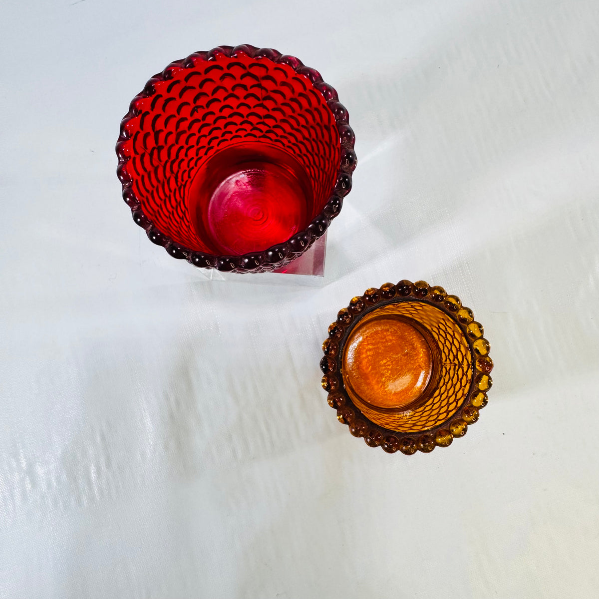 Indiana Glass Ruby Red Hobnail Votive and Amber Honeycomb Candle Holder Lot of 2