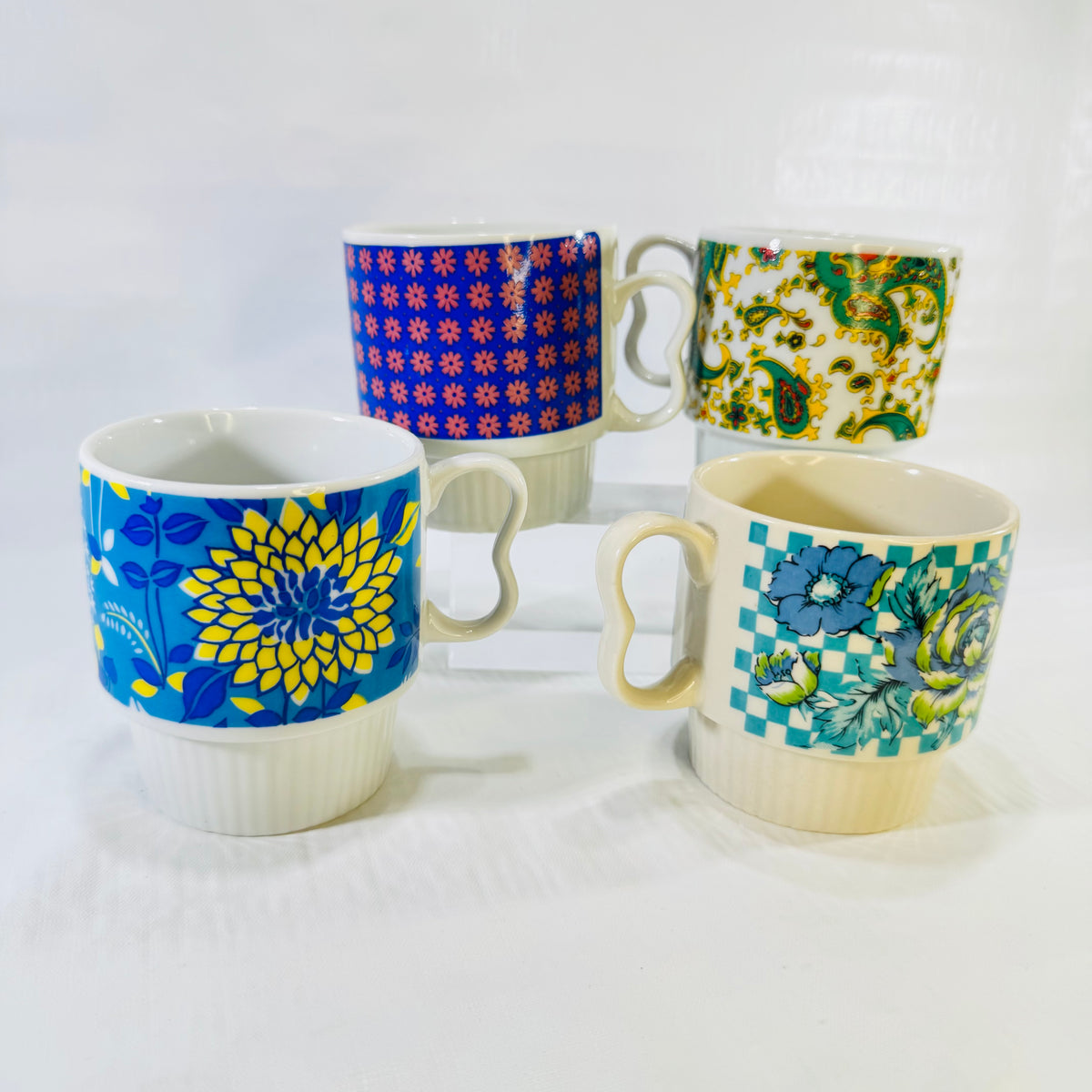 1970s Japan Stacking Coffee Mugs Set of 4 Mismatched Flower Power Cups