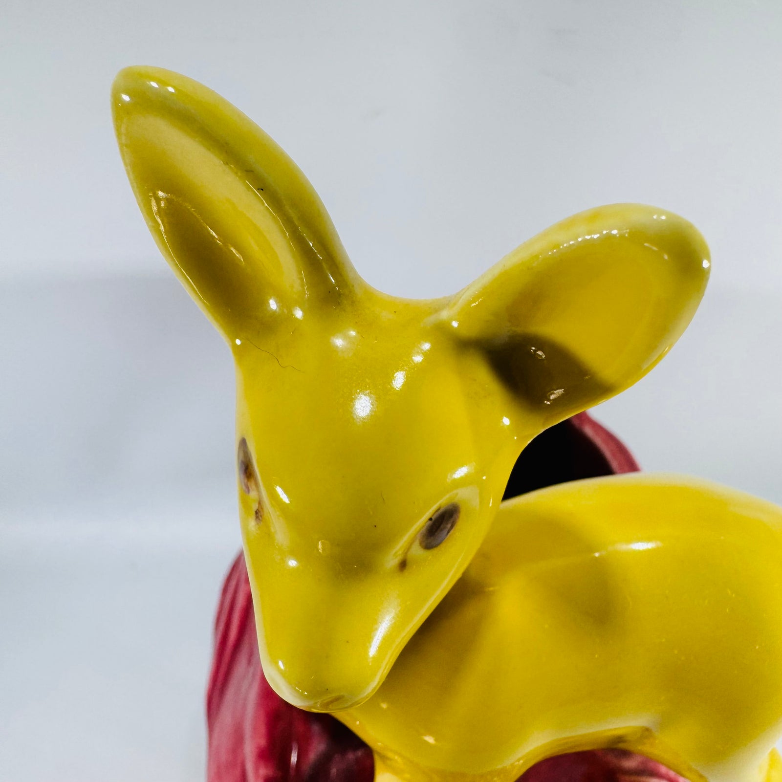 Vintage Shawnee Pottery Deer Planter | yellow fawn ceramic figural planter on maroon stump base