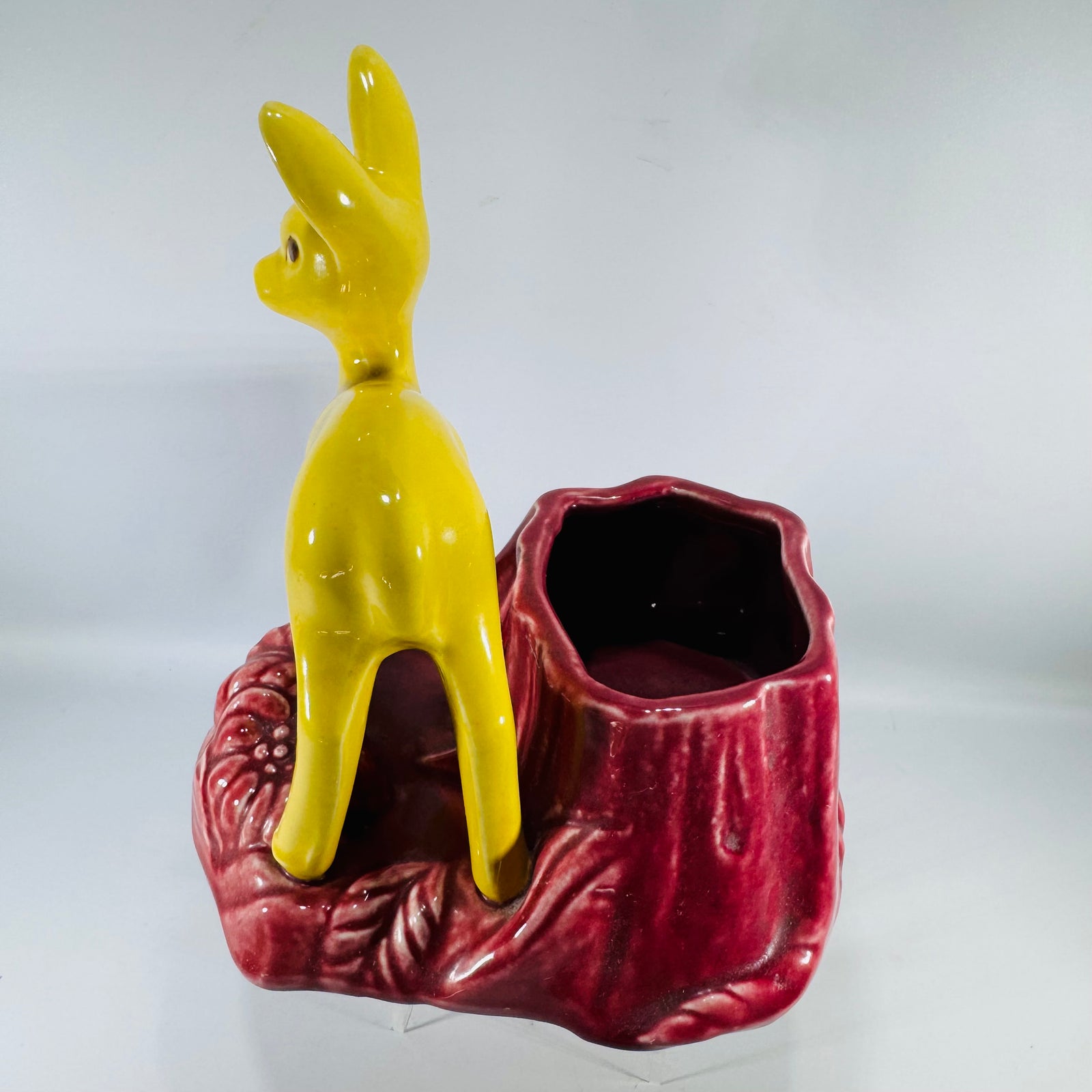 Vintage Shawnee Pottery Deer Planter | yellow fawn ceramic figural planter on maroon stump base