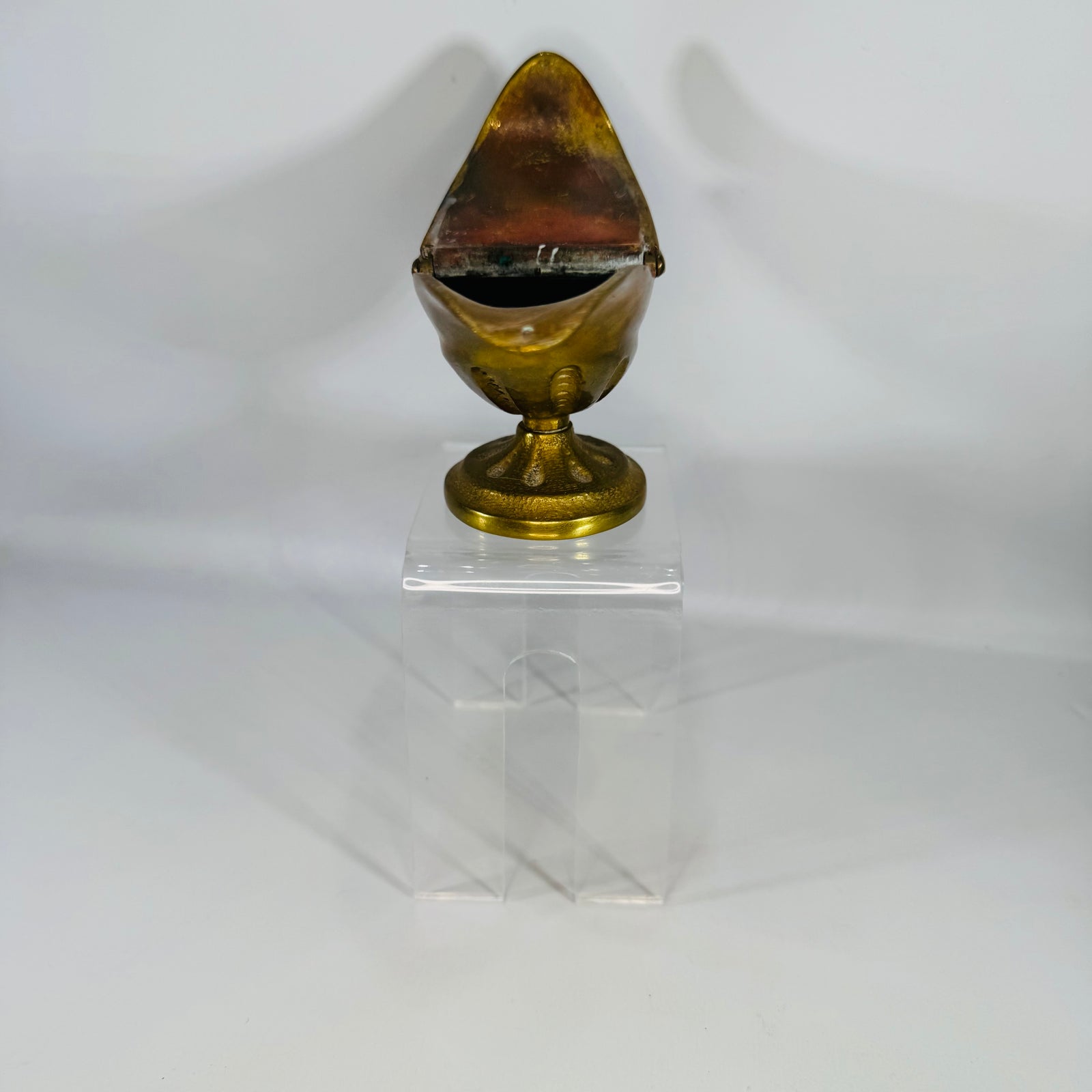 Vintage Brass Incense Boat | hinged liturgical brass vessel on pedestal base