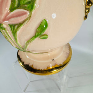 Vintage Hull Art Vase | pink floral pottery with gold handles