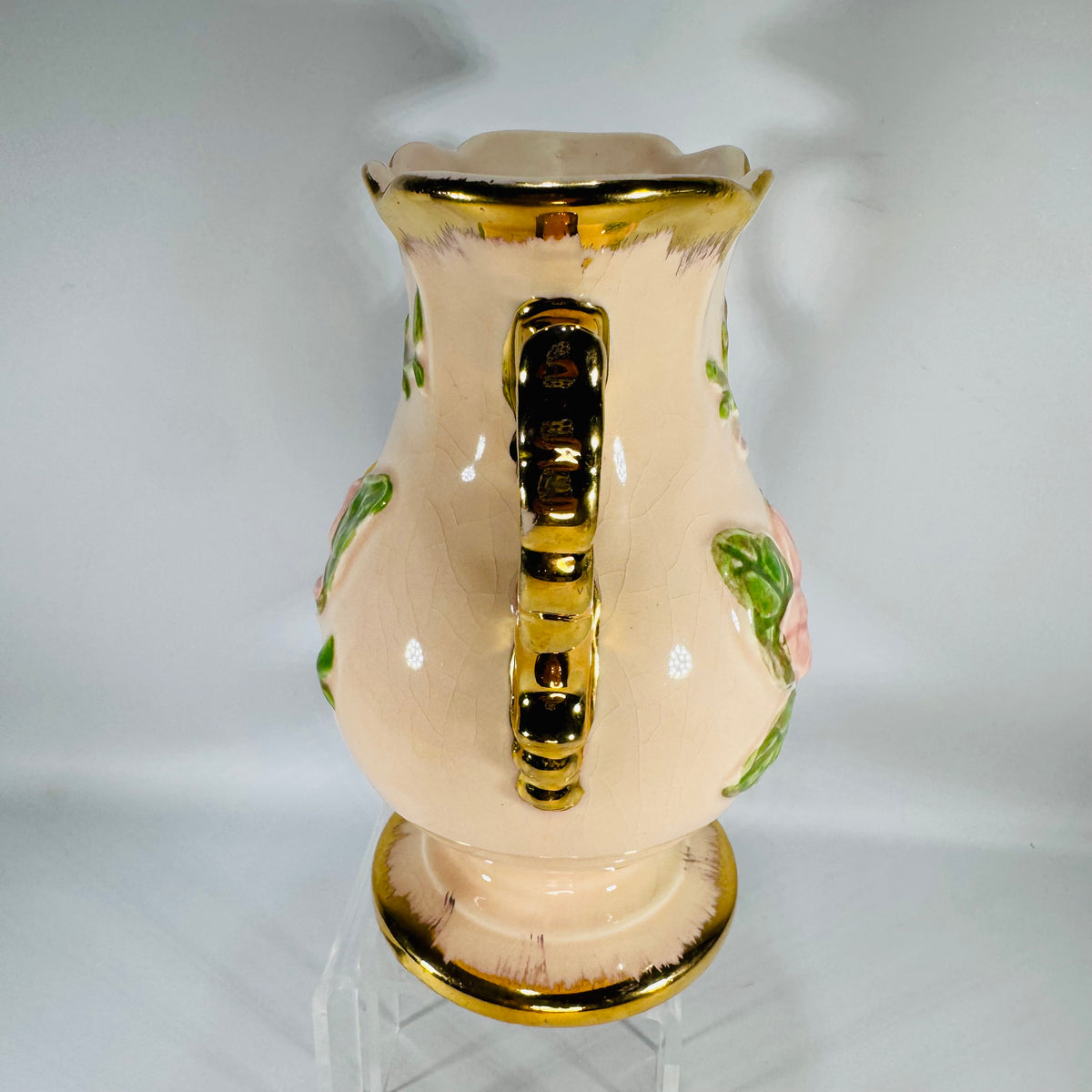 Vintage Hull Art Vase | pink floral pottery with gold handles