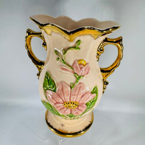 Vintage Hull Art Vase | pink floral pottery with gold handles