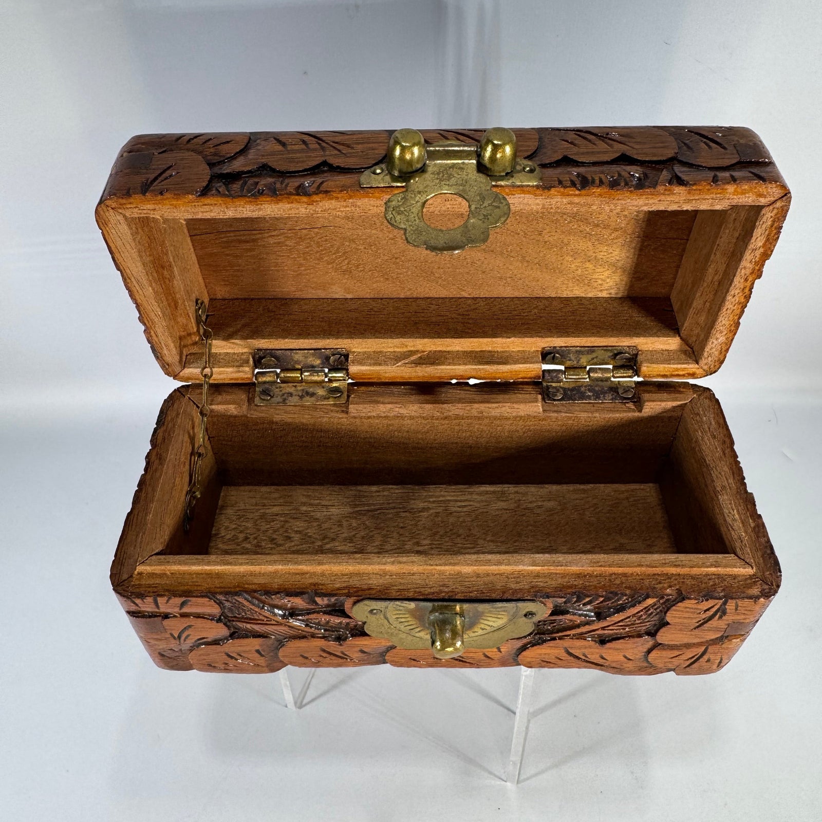 Vintage Hand Carved Wooden Trinket Box | camphor wood style floral jewelry chest