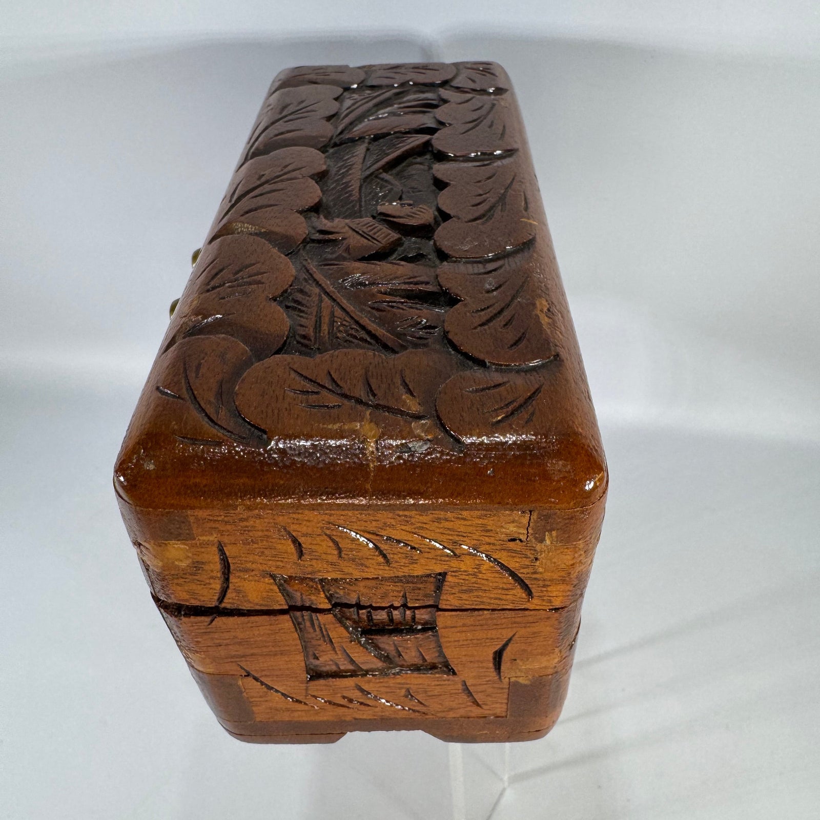 Vintage Hand Carved Wooden Trinket Box | camphor wood style floral jewelry chest