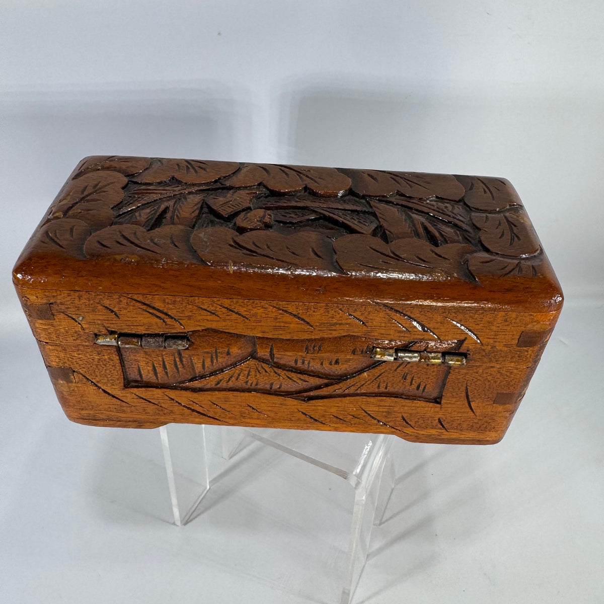 Vintage Hand Carved Wooden Trinket Box | camphor wood style floral jewelry chest